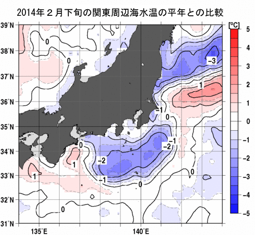 2014年2月下旬の関東周辺海水温の平年との比較図